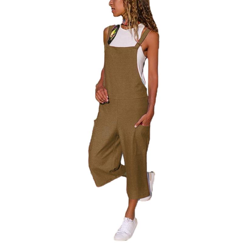 

Women' Jumpsuits & Rompers Women Casual Cotton Linen Solid Pockets Jumpsuit Loose Strappy Harem Overalls Wide Leg Cropped Pants Macacao Fem, Gray