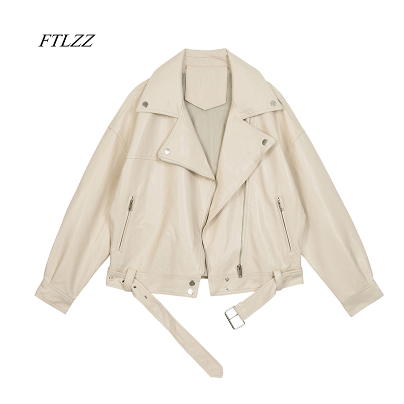 FTLZZ Spring Women Pu Leather Motorcycle Jacket Female With Belt Solid Color Jackets Ladys Loose Casual Jacket 210909