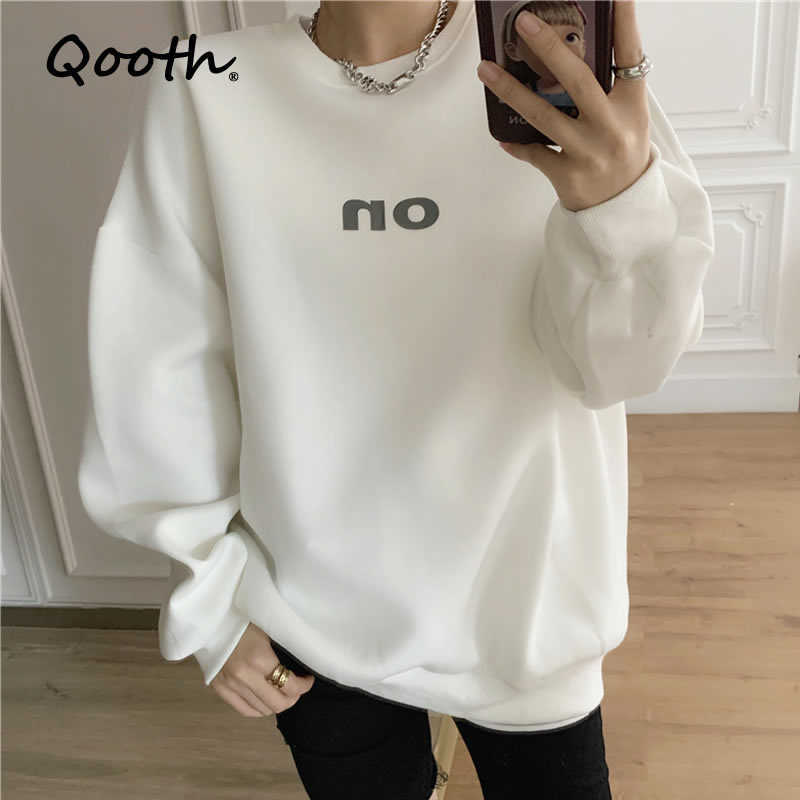 

Qooth Trendy Winter Autumn Women's Loose Long Length Sweatshirt Letter Tops Full Sleeve Lantern Plus Vevet QT345 210609, White