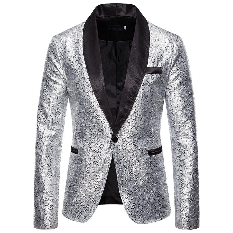 

Men' Suits & Blazers Shiny Silver Sequin Bling Glitter Suit Jacket Men 2021 Brand Shawl Collar One Button Blazer Club DJ Stage Clothes For