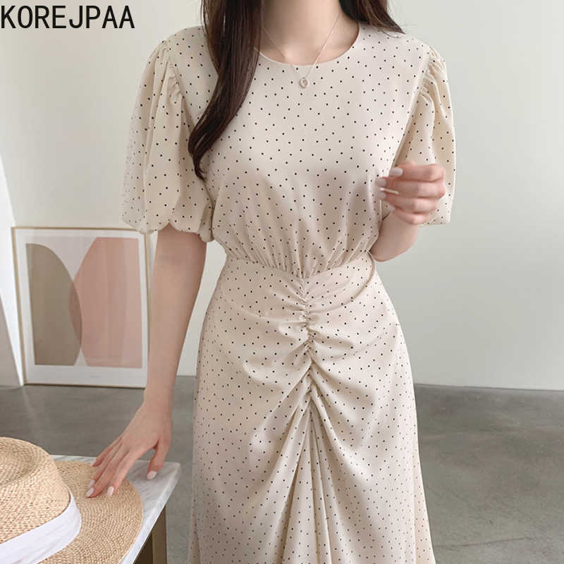 

Korejpaa Women Dress Summer French Elegant Round Neck Slim High Waist Ruffled Design Puff Sleeve Small Polka Dot Vestidos 210526, Dark blue