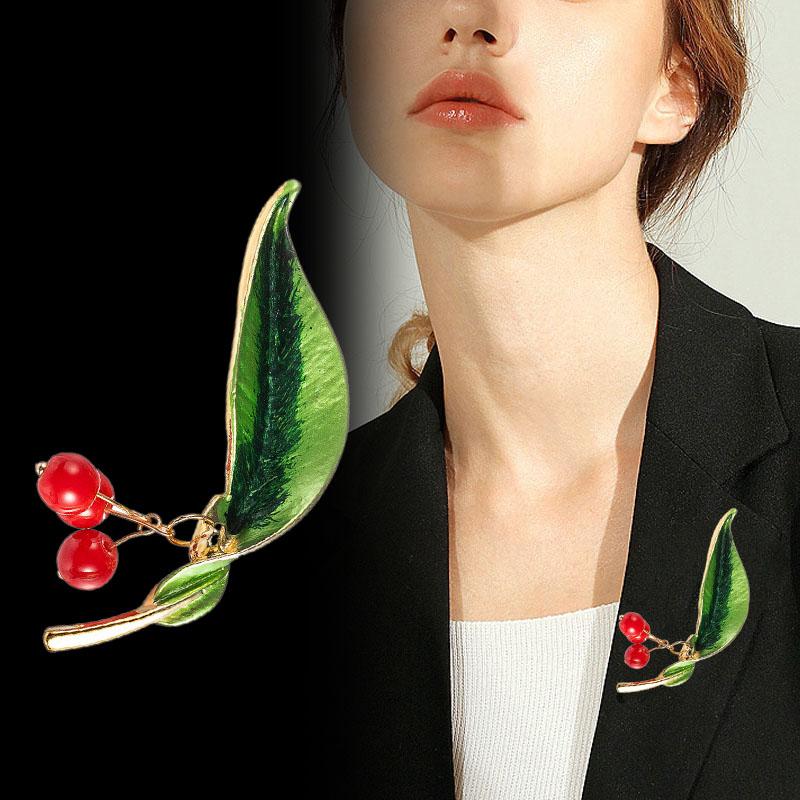 

Pins, Brooches Trendy Enamel Fruit Shape Red Brooch For Women Green Leaf Cherry Suit Lapel Pin Clothing Scarf Badges, Gray