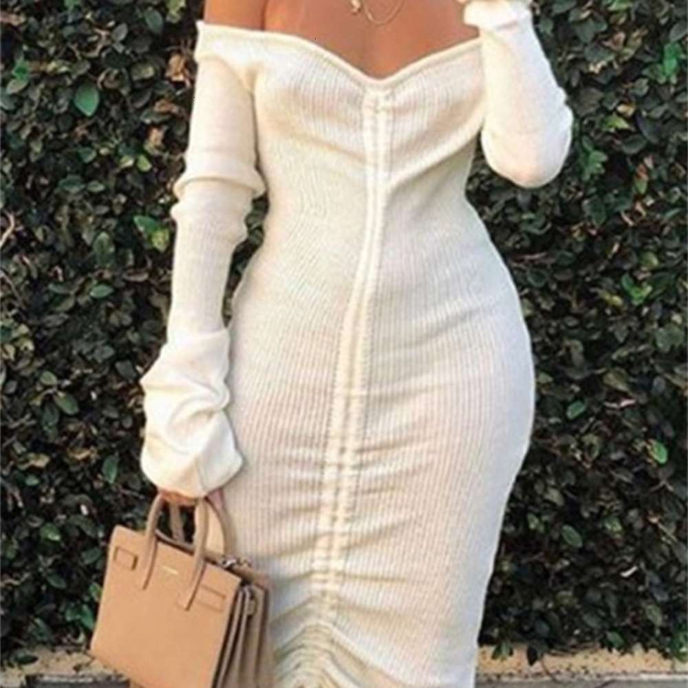 

Casual Dresses Spring personalized drawstring Pleated Drs with one line collar, sexy off shoulder, slim fit, buttocks and mid length skirt 015, White