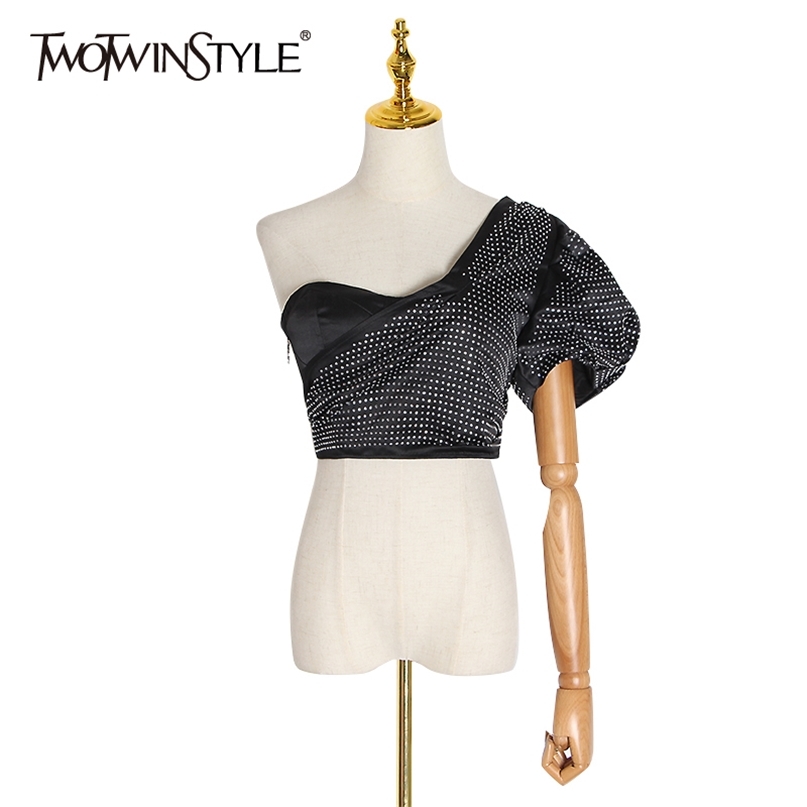 

Asymmetrical Off Shoulder T Shirts Skew Collar Puff Sleeve Patchwork Diamonds Sexy Party Shirt Female 210520, Black