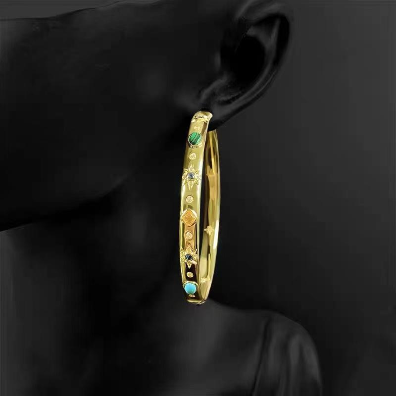 

Stud July 2021 S925 Sterling Silver Roman Style Colored Stone Circle Earrings Monaco Jewelry Women's Gift, Golden;silver