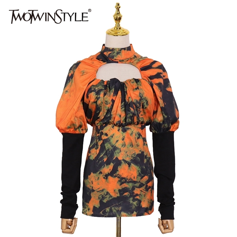 

TWOWINSYLE Hit Color Print Shirt For Women Stand Collar Long Sleeve Hollow Out Casual Shirts Female Fashion Clothing 210524, Black