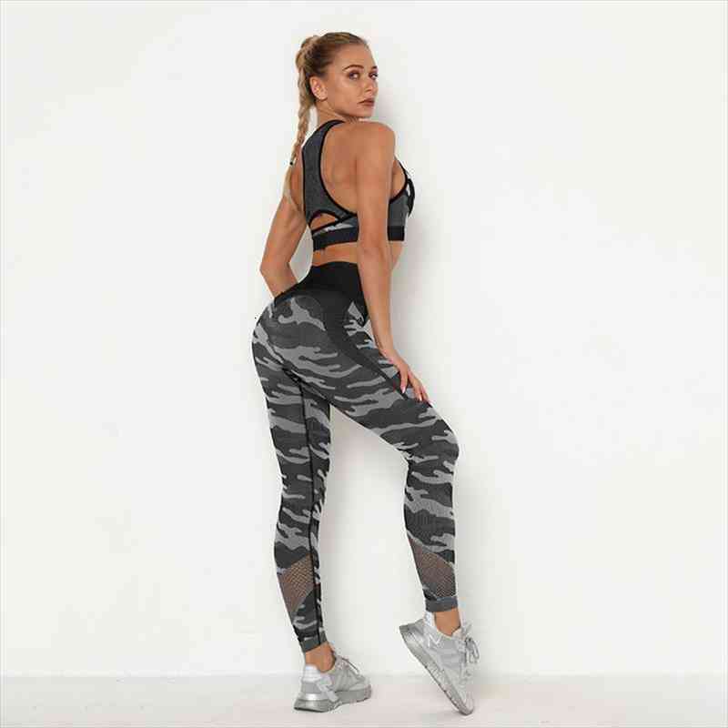 

camouflage sets breathable women legging bra push up 2 piece of mesh patchwork spandex female, Black
