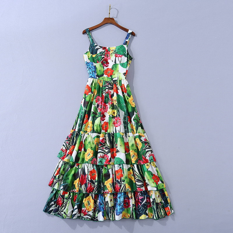 

Europe and the United States women' clothing New Summer 2021 Condole belt Fashion flouncy dress in cactus print, Green