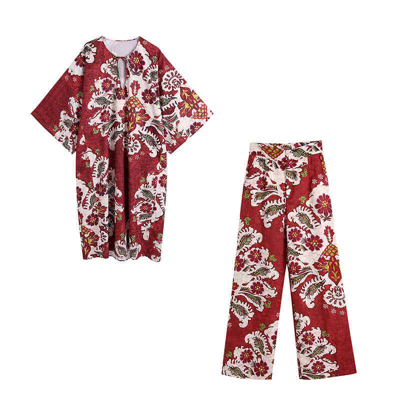 

Women Flare Sleeve Floral Long Blouse Wide Leg Pants Sets Spring Two Piece Dress Outfits Casual Midi 210525, Shirt