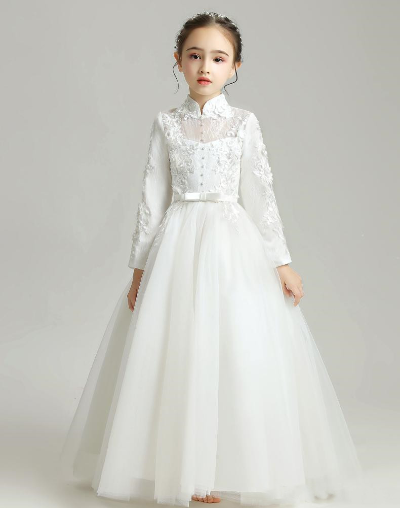

Lovely Ivory Long Sleeves Applique Girl's Pageant Flower Girl Dresses Princess Party Child Skirt Custom, White