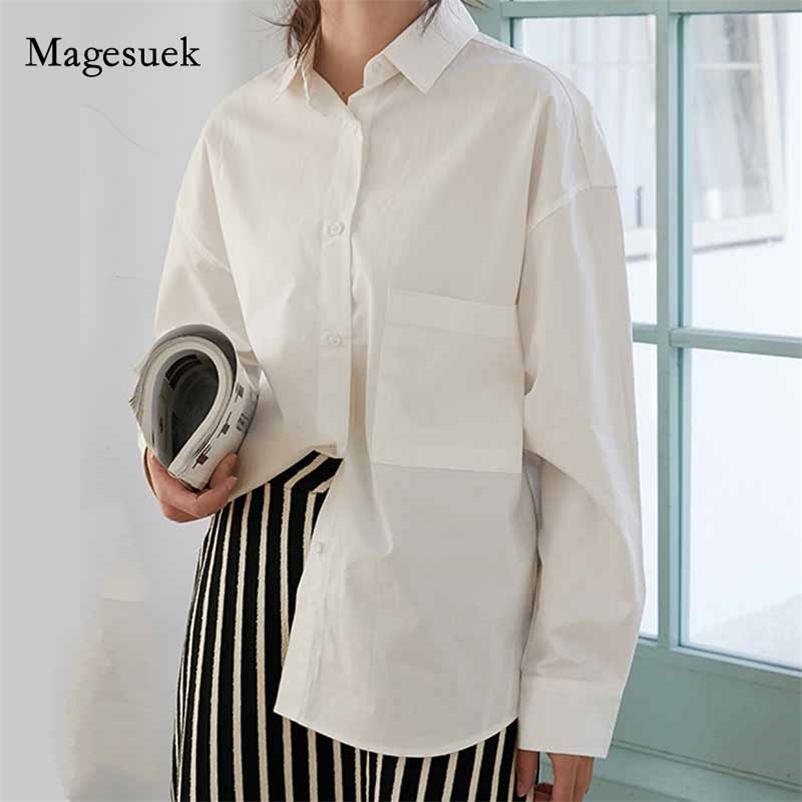 

All-match Solid White Oversize Loose Long Sleeve Pocket Shirts Casual Womens Tops and Blouses Women Cotton 10958 210518