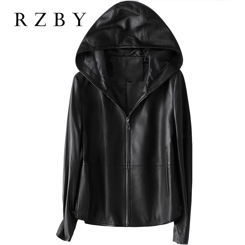 

RZBY Women 100% Real Sheepskin Coat Hooded jacket spring fashion Genuine Leather Jackets Chaqueta Mujer Top Quality 211110, Black