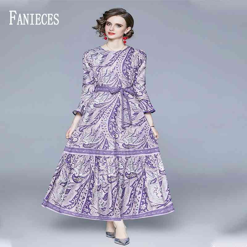 

Long Sleeve Autumn Women runway summer Dress With Belt Office Lady Vintage Print maxi A-Line Dresses robe vestidos 210520, Purple