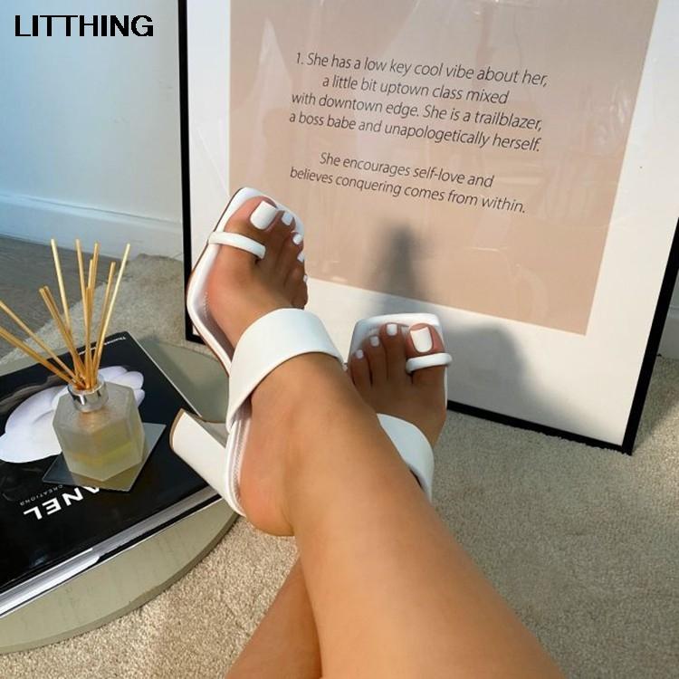 

Sandals LITTHING Women Summer Flip Flops High Heels Toe Thick Heel Clip Slip On Females Slippers PU Leather Solid Pumps, Black