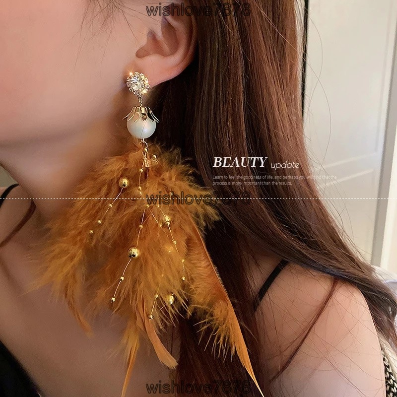 

2022 Summer Blue Long Feather Dangle Earrings For Women Beach Chain Tassel Drop Earrings Wedding Bride Jewelry Oorbellen Jewelry