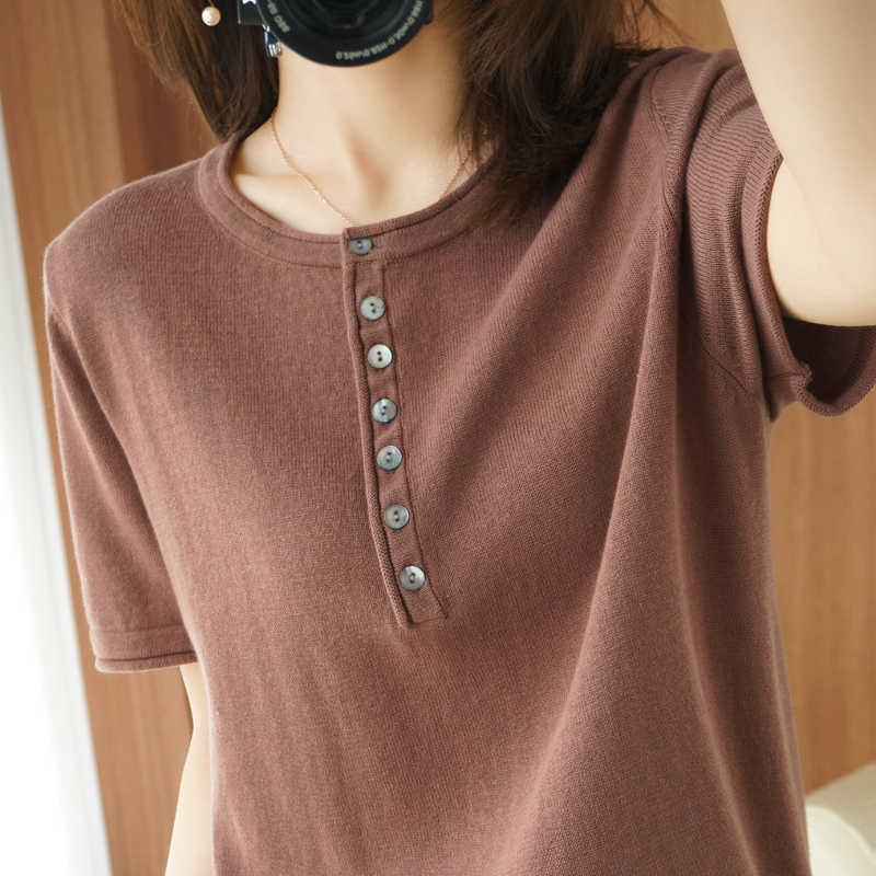 

Blusas Blouses Top Femme Short Sleeve Knit Blouse Women Blusas Mujer De Moda O-Neck Knitted Blouse Shirt Tops Pullover E828 210602, Coffee