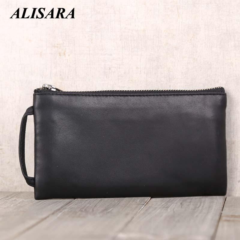 

Alisara Men Clutch Bag Genuine Leather Top End Handmade Male Long Zipper Phone Purses Sheepskin Simple Slim Business Wallets, Red;black