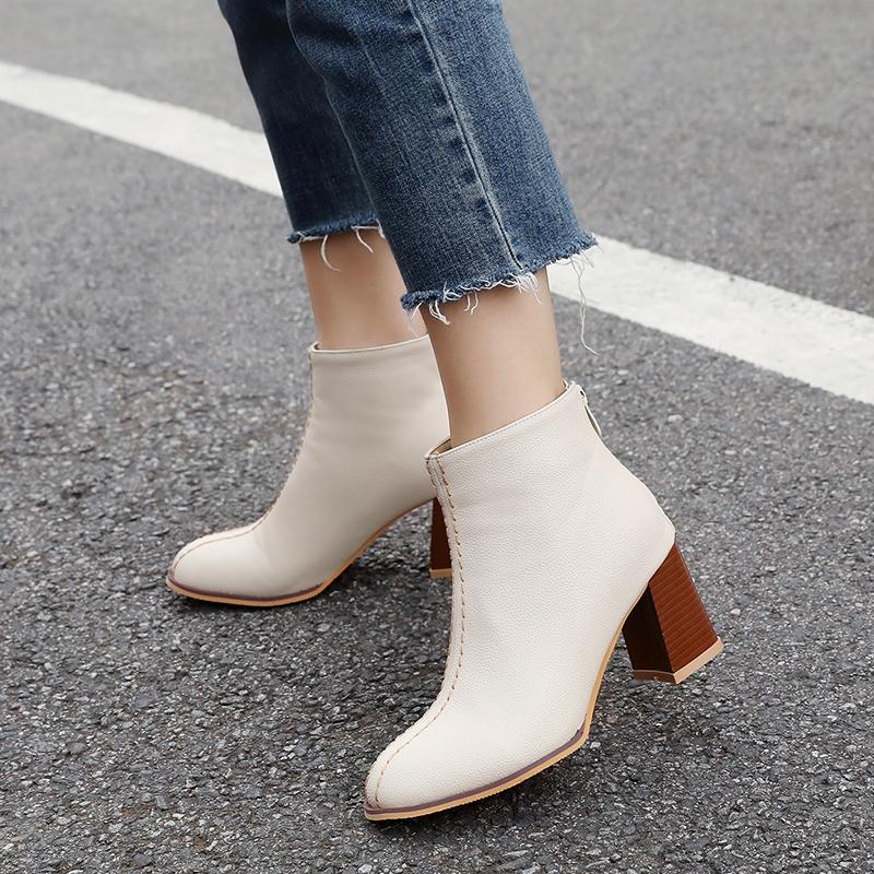 

Boots White Ankle For Women Chunky High Heel Autumn Winter Pointed Toe Booties Woman Fashion Zipper Beige Black 2021