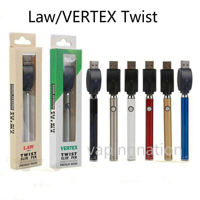 

Authentic Law Vertex Preheat Battery with Bottom Twist Button 380mAh Slim Vape Pen Variable Voltage Vaporizer for Thick Oil