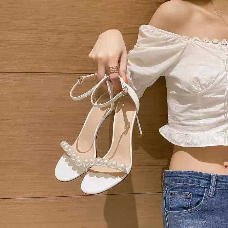 

Dress Shoes Women's High Heels Summer Style Fashion Stiletto Black And White Word Strap Women Sandals, Black-pearl