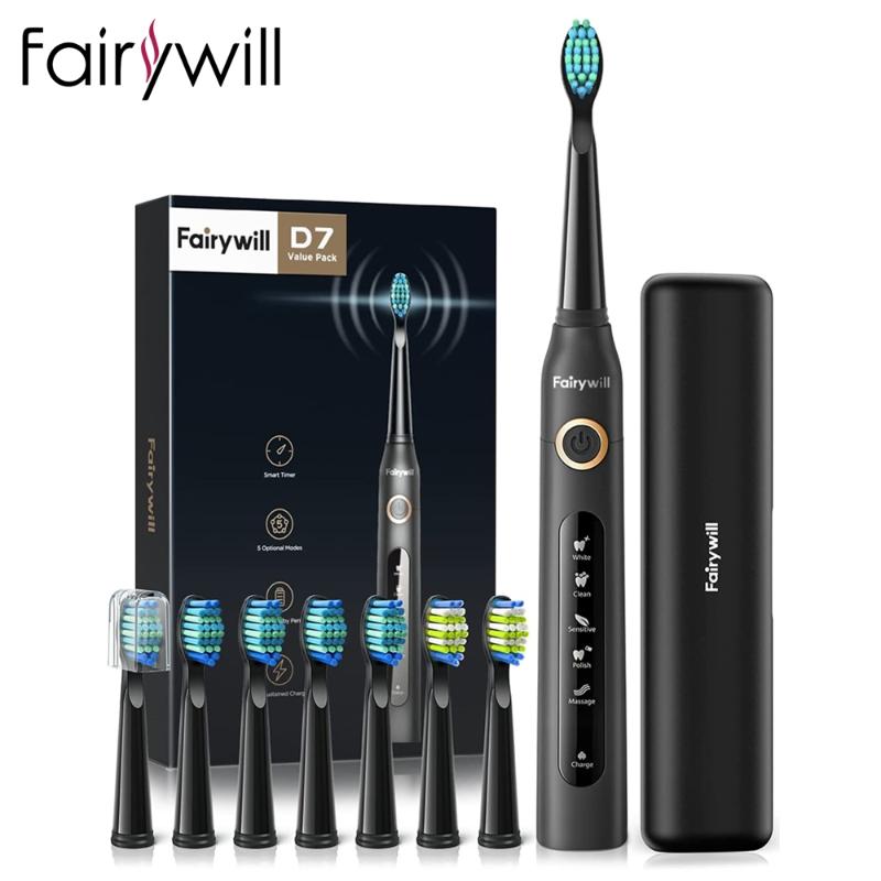 

Smart Electric Toothbrush Fairywill Sonic FW-507 Fast Timer Waterproof IPX7 Ultrasonic Professional Replacement 8 Heads 5 Modes