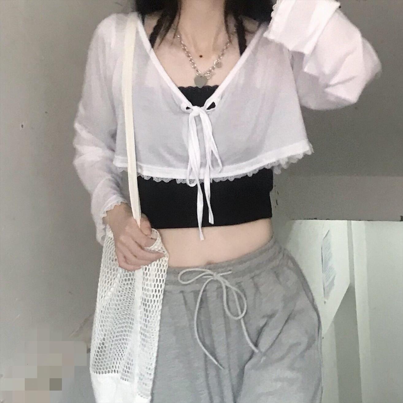 

2 piece short blouse wear womens cami perspective lace crop spring and summer soft transparent casual women, White