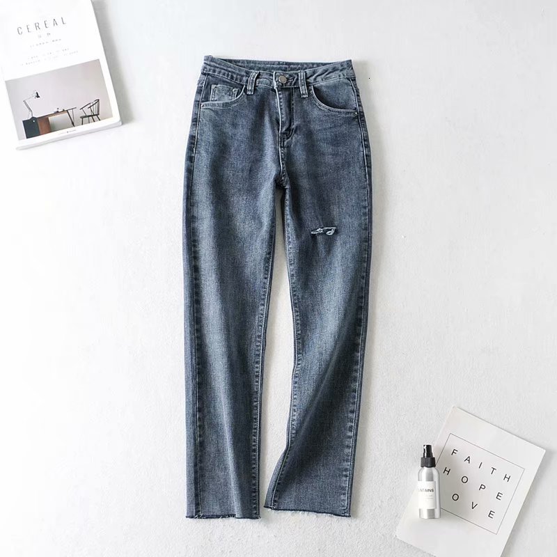 

jeans m2401 - korean women's clothing spring and autumn 2021 high waist pierced burr denim straight pants for women, Blue