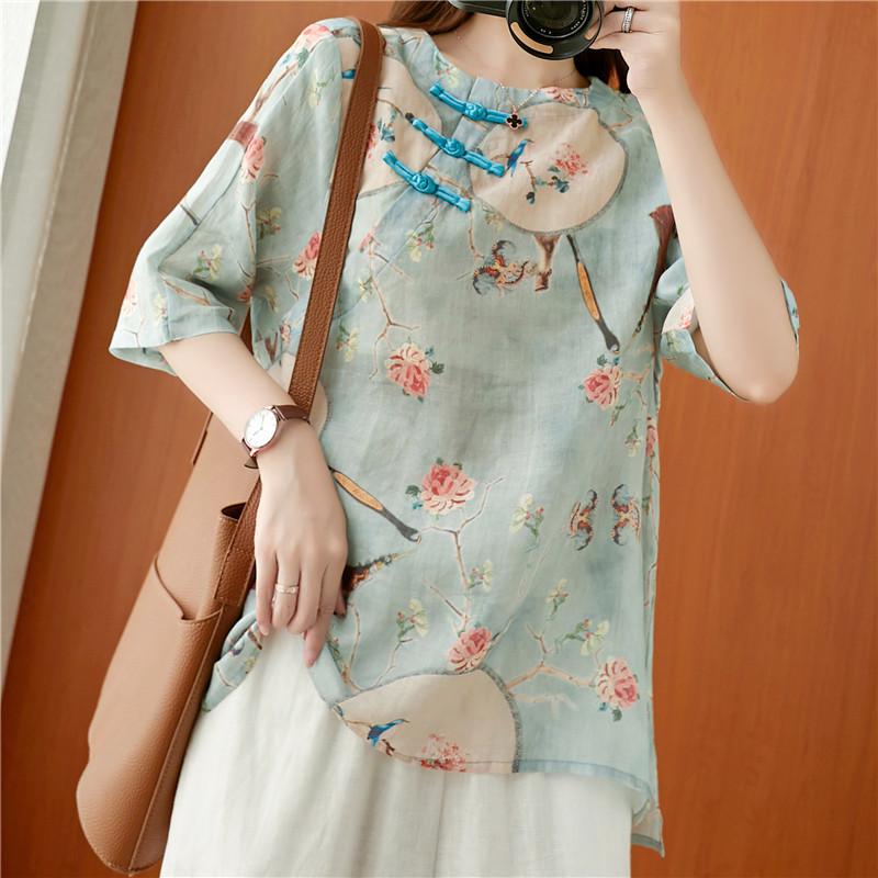 

Ethnic Clothing Chinese Style Traditional Summer Women Tops 2021 Vintage Printing V Neck Female Shirt Loose Plus Size Blouse Z060