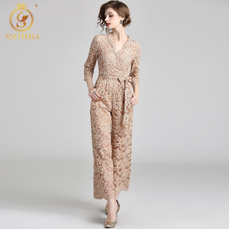 

Spring Jumpsuit Women Lace Hollow Out Sexy V-Neck Rompers Runway Wide lLg Pants 210520, Photo color
