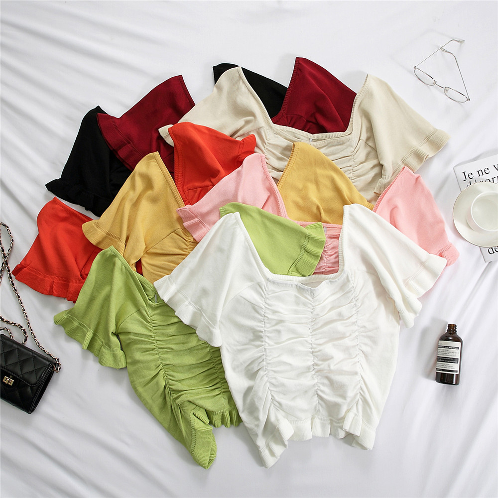 

Off Shoulder Tops Women Solid Knitted Pleated Cute Crop Sexy Pleat Summer 210518, Pink
