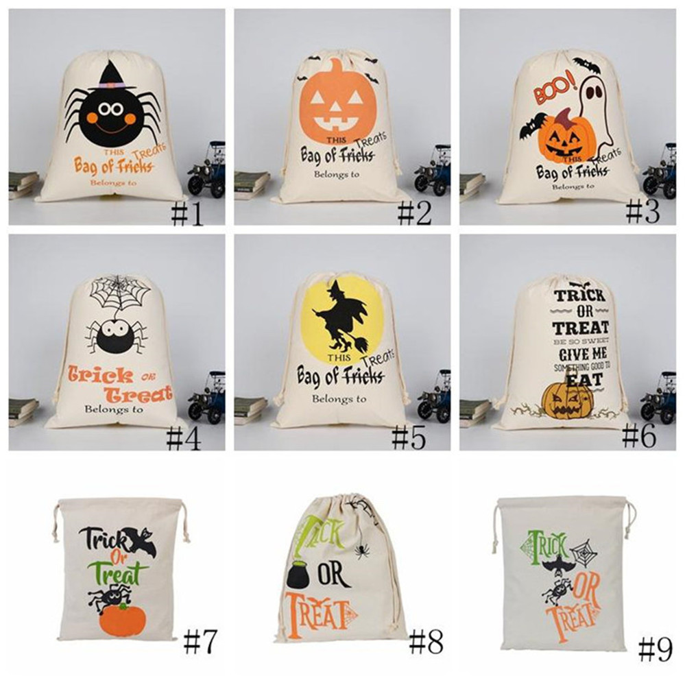 

DHL Halloween Candy Bag Gift Sack Treat or Trick Pumpkin Printed Canvas Bags Hallowmas Christmas Party Festival Drawstring Bag