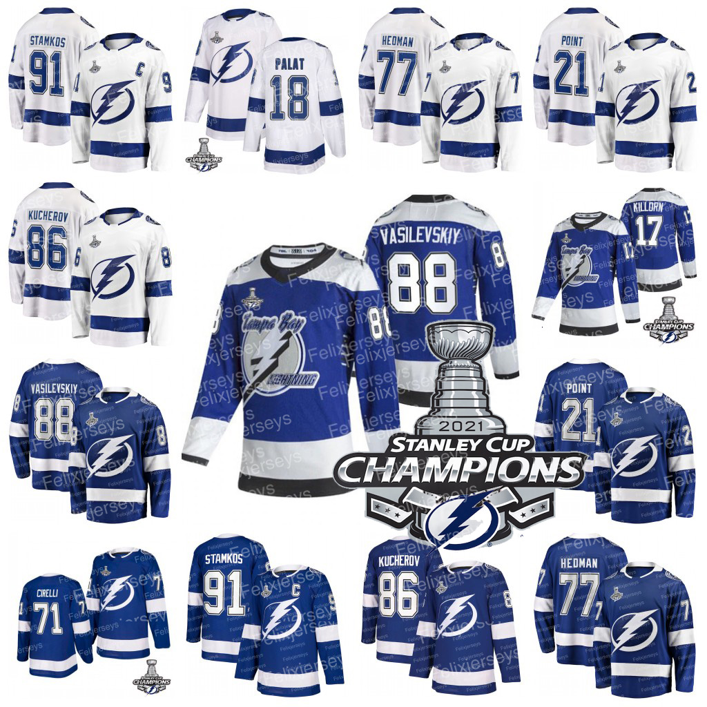 

88 Andrei Vasilevskiy 2021 Stanley Cup Champions Jersey Tampa Bay Lightning Brayden Point Nikita Kucherov Victor Hedman Cirelli Yanni Gourde Maroon McDonagh, 2020 fights cancer