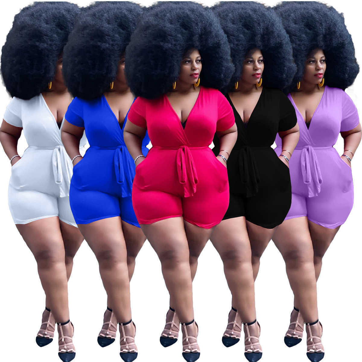 

Women Jumpsuits Designer Women's Sexy Belt Deep V One-piece Pants Short Sleeve Shorts Rompers, Purple