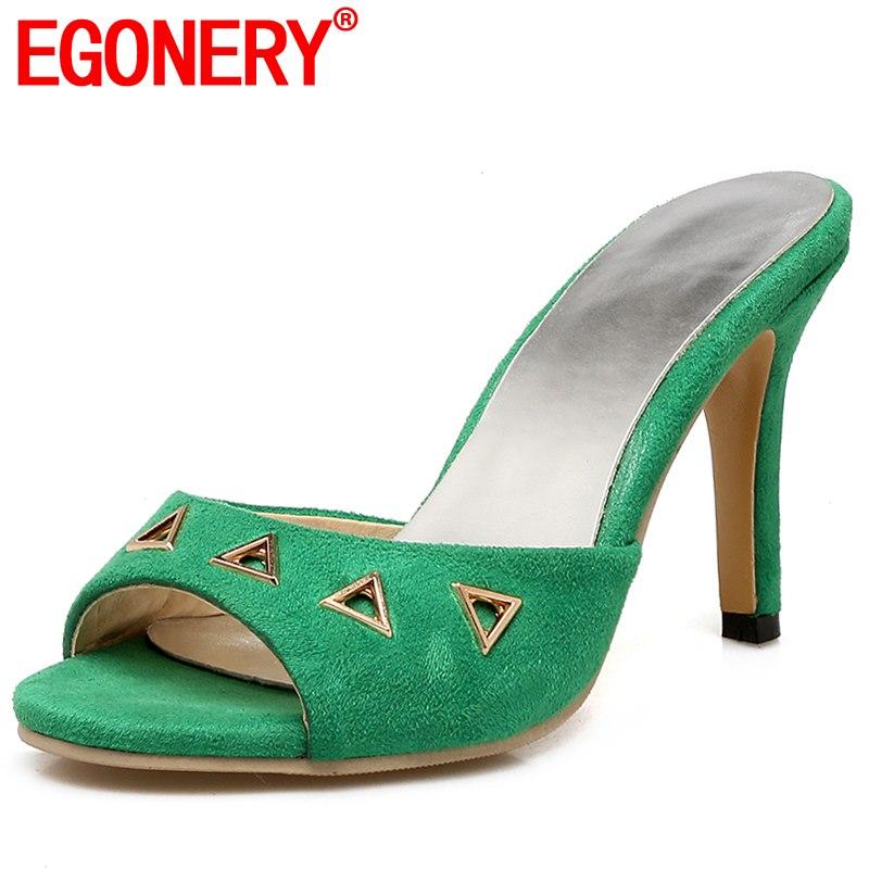 

Slippers EGONERY Sexy Woman Outside Flock 9cm High Heels Hollow Shoes Fashion Green Yellow Black Red Sandals Plus Size 34-43