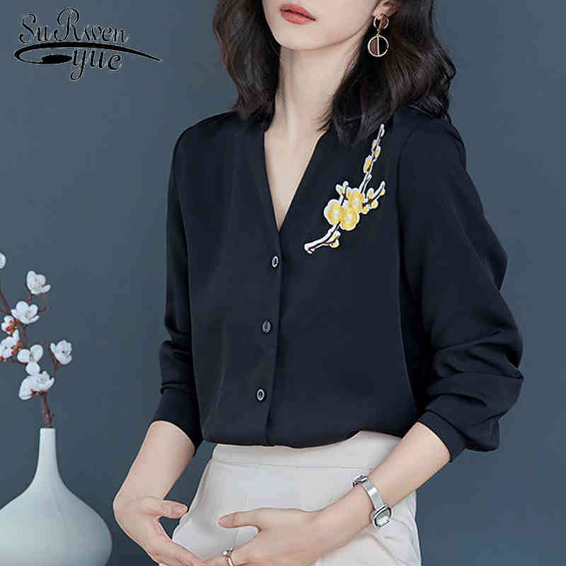 

Fashion women blouses embroidery long sleeve women's solid black shirts loose causal female tops OL feminine blusa 1092 40 210521