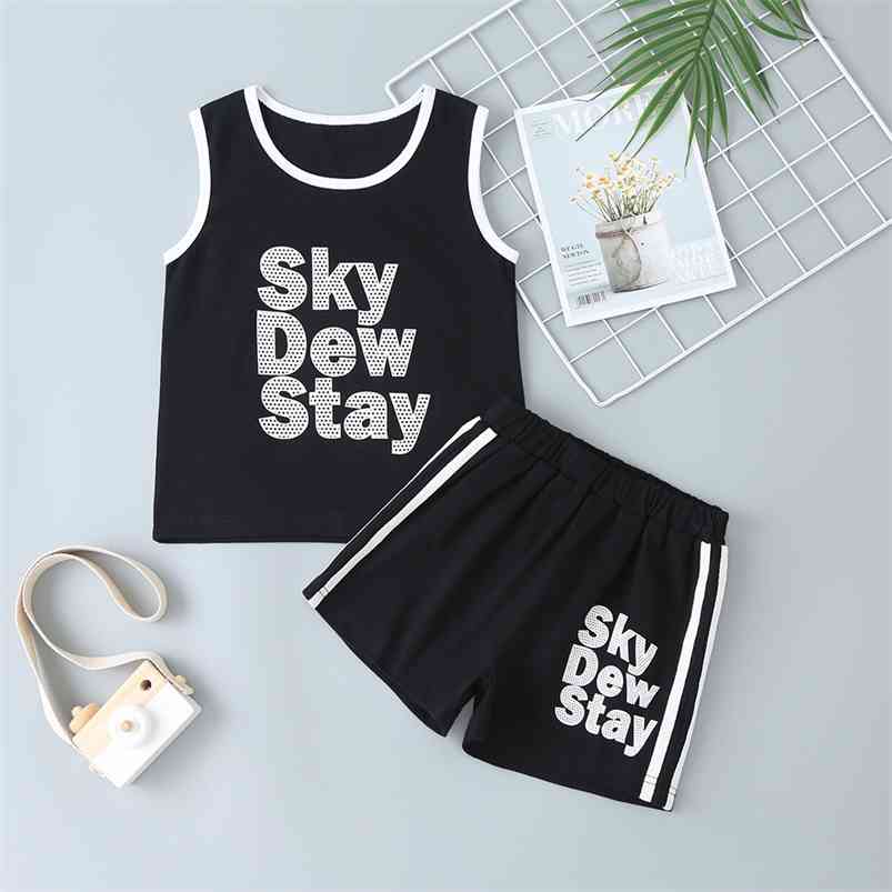 

Summer Children Sets Casual Cute Sleeveless O Neck Letter T-shirt Short Pants Athletic Boy Clothes 2T-6T 210629, Black