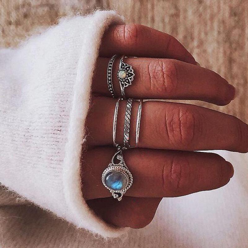 

Cluster Rings 6 Pcs/set Bohemian Fashion Lotus Blue Crystal For Women Rhinestone Ring Set Vintage Party Wedding Jewelry Accessories, Golden;silver