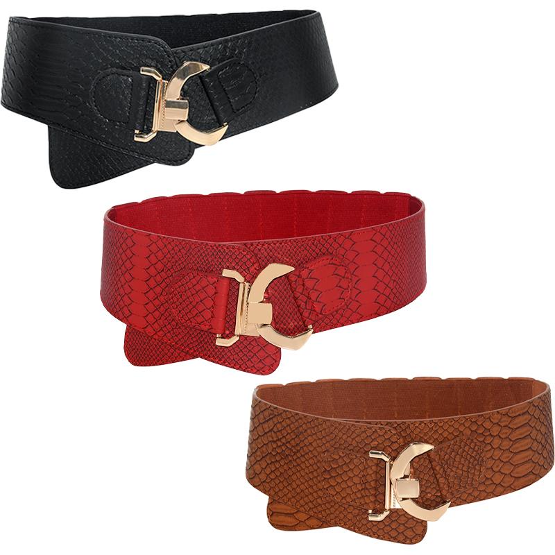 

Belts Lady Women Elastic Waistband Wide Waist Belt Retro Metal Buckle Faux Leather Black Red Brown Cinturones Para Mujer