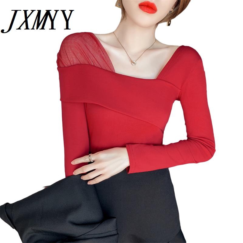 

Women's T-Shirt JXMYY 2021 Autumn Fashion Waist Short Female Slim Red Slanted Shoulder Clavicle Tight Top Long Sleeve Ins Tide, White