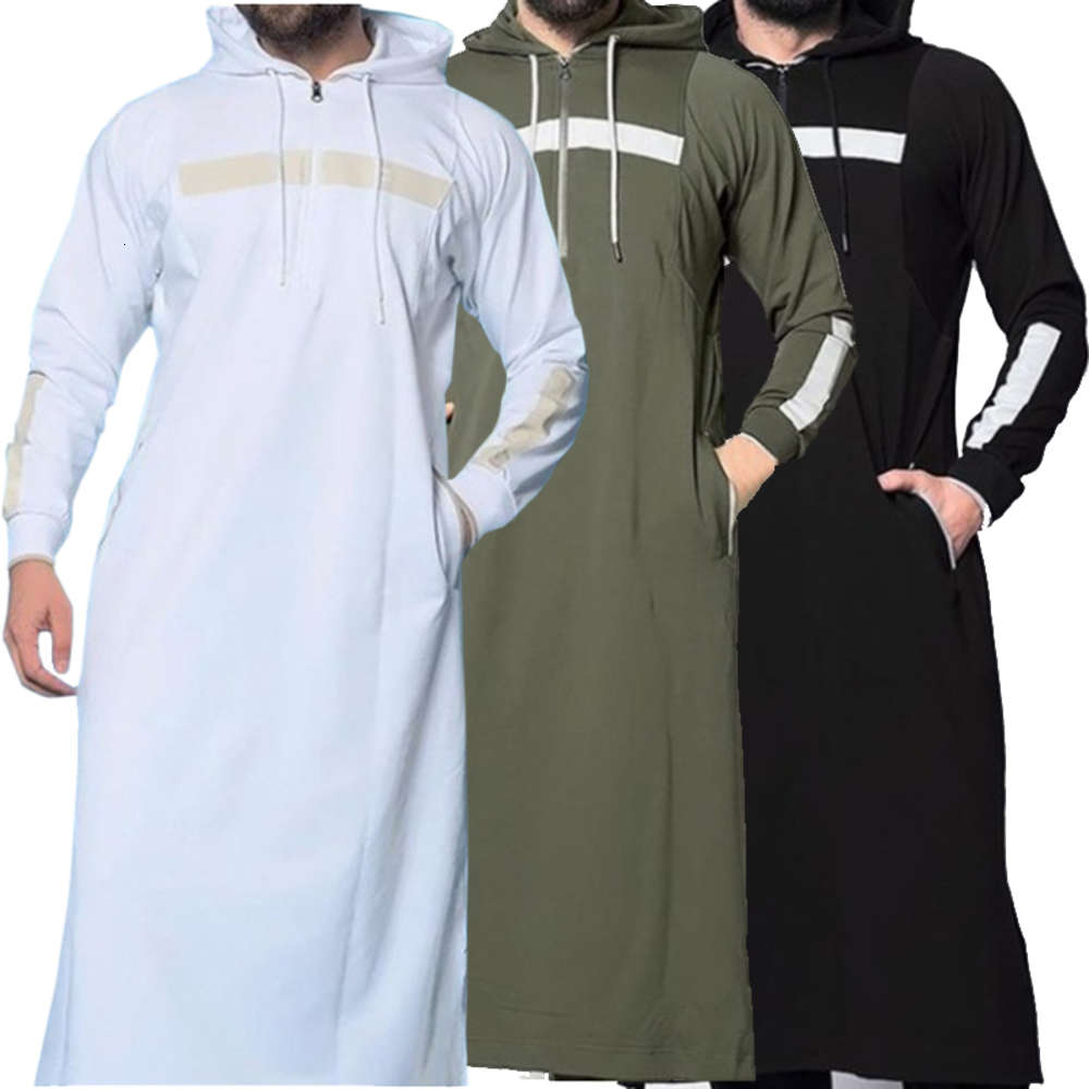 

2020 New Men Gown Muslim Arabian Robe Solid Color Full Length Sweatshirt Long-sleeved Hooded Islamic Male Casual Clothing, Black