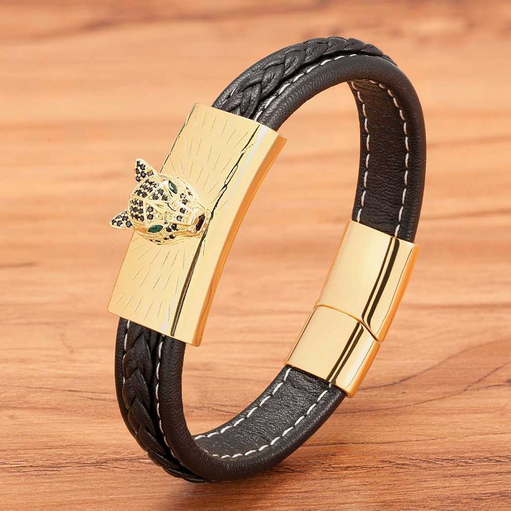 

Majestic Design Cheetah Head Stainless Steel Leather Bracelet Luxury Classic Style Symbolize Men's Jewelry Gift