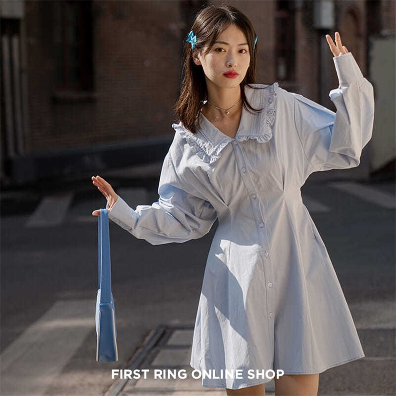 

Doll collar ruffled waist dress women short shirt skirt mini summer Korean fashion ' clothing 210520, Blue