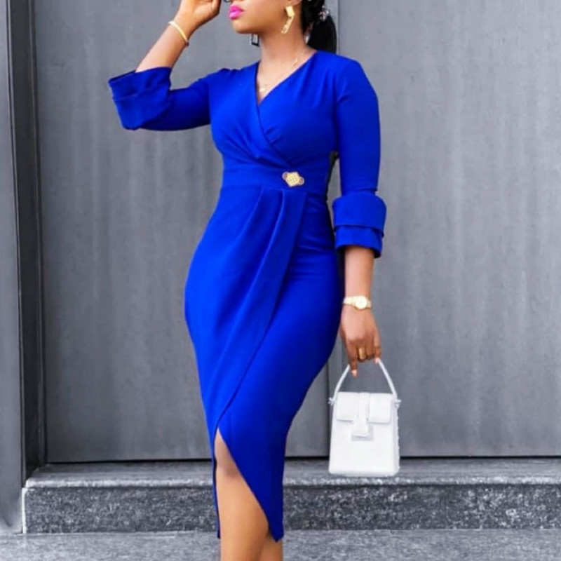 

Women Dresses Three Quater Sleeves High Waist V Neck Elegant Office Ladies Work Wear Modest Slim Classy African Female Vestidos, Blue