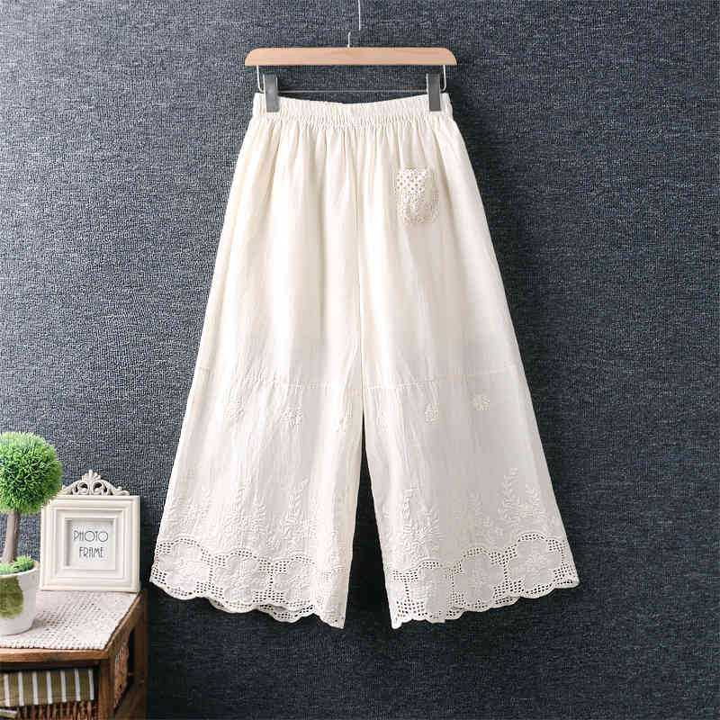 

Women's Shorts Lamtrip Literary Artistic Fresh Elastic Waist Flower Embroidery Loose Wide-Leg Pants Cotton Women XVSM, White