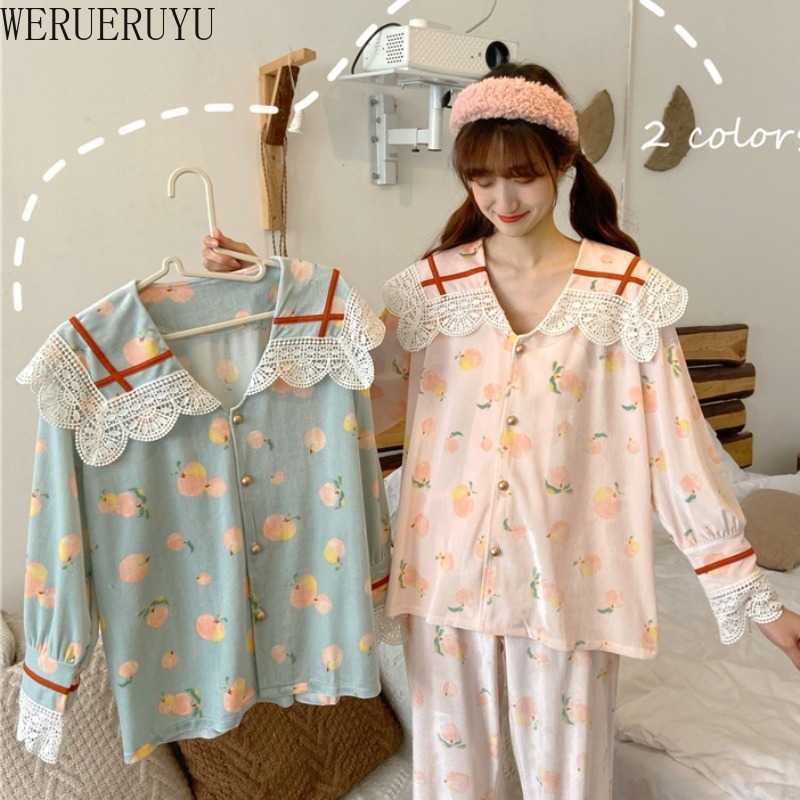 

WERUERUYU Large Size Home Clothes Pajamas Women's Spring And Autumn Lovely Princess Wind Pure Cotton Pajamas Set 210608, Photo color