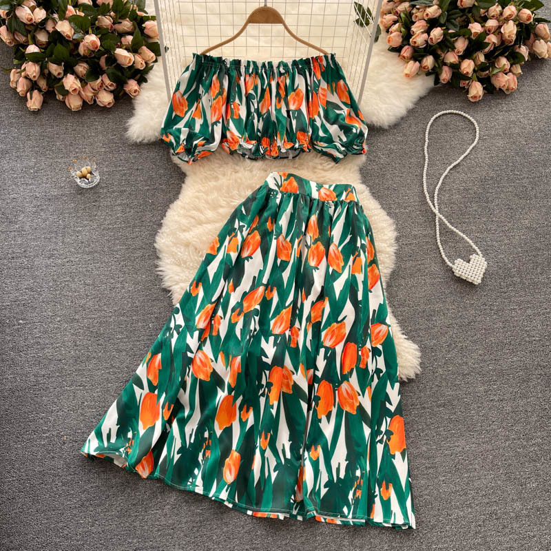 

Summer Europe Style Flora Print Suit For Women Off Collar Short Tops + High Waist Skirts Two Piece Sets Vacation Dresses 210519, Picture color