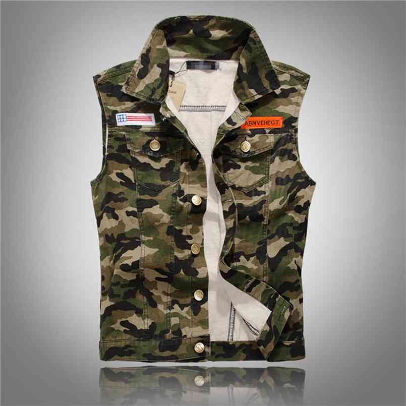 

Autumn Men's Camouflage Denim Vests Military Sleeveless Jeans Jackets Fashion Casual Male Vest Camo Waistcoats Homme -5XL 210821