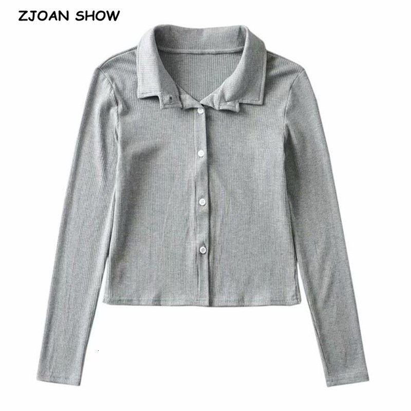 

Casual Dresses 2021 Spring Long Sleeve Lapel Rib Knitting T-shirt Chic Woman Single-breasted Buttons Tee shirt Navel Tops 3 colors, White