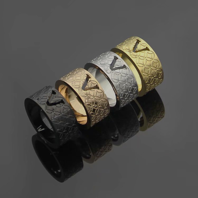 

Europe America Style Ring Men Lady Women Titanium steel Hollow Out V Initials Engraved Pattern Lovers Rings Size US6-US9 4 Color, Silver
