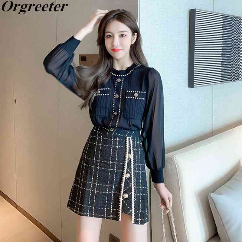 

Autumn Trend Fashion Chiffon Paychwork Lantern sleeve Knitted Tops and Plaid A-line Tweed Skirts Two piece Outfits 210525, Black